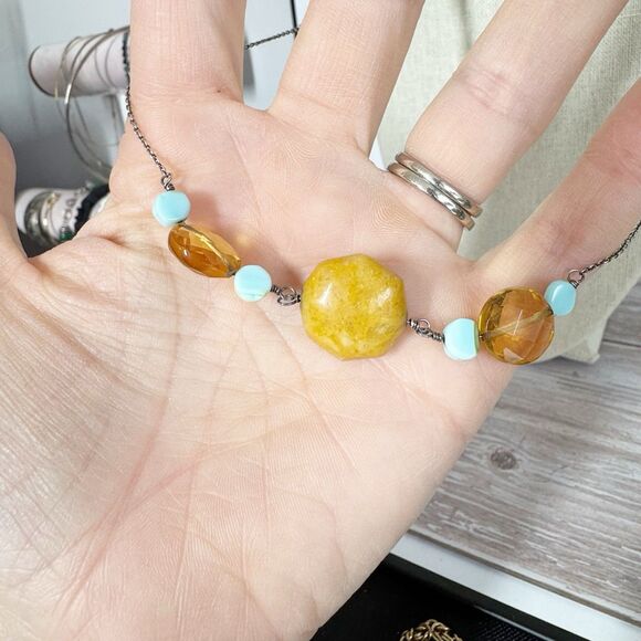 Sterling Silver Long Chain Necklace Stone Beads Bohemian Larimar Turquoise Pearl - Picture 6 of 8